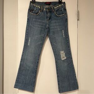 BCBG MaxAzria Distressed Studded Low Rise Flare Jeans Y2K